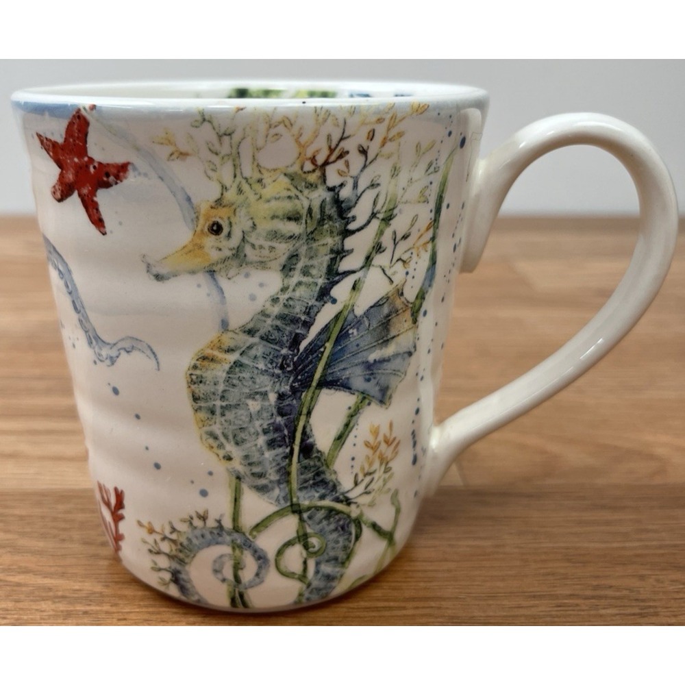 Pier 1 Ironstone Sea Life Coffee Mug Seahorse Fish Crab Starfish
